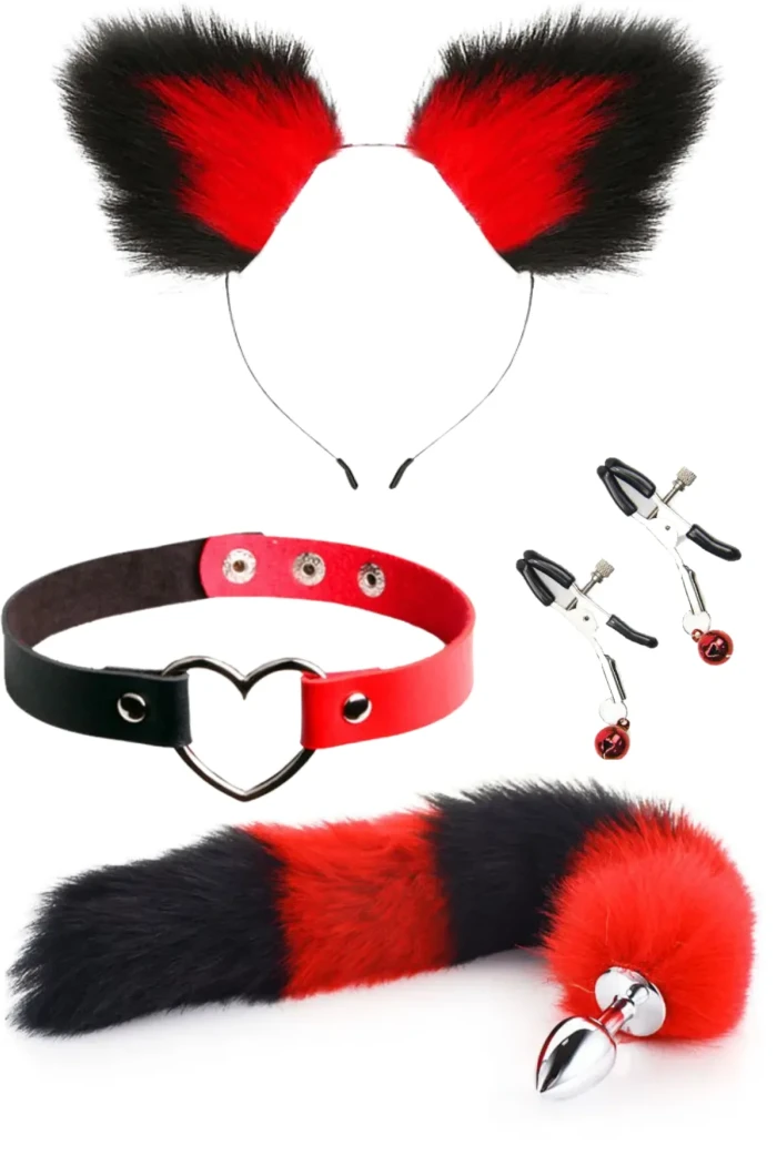 Kedi Kuyruklu Anal Plug Seti Kırmızı-Siyah – Choker, Klips ve Tüylü Kulak - tdmarketim.com