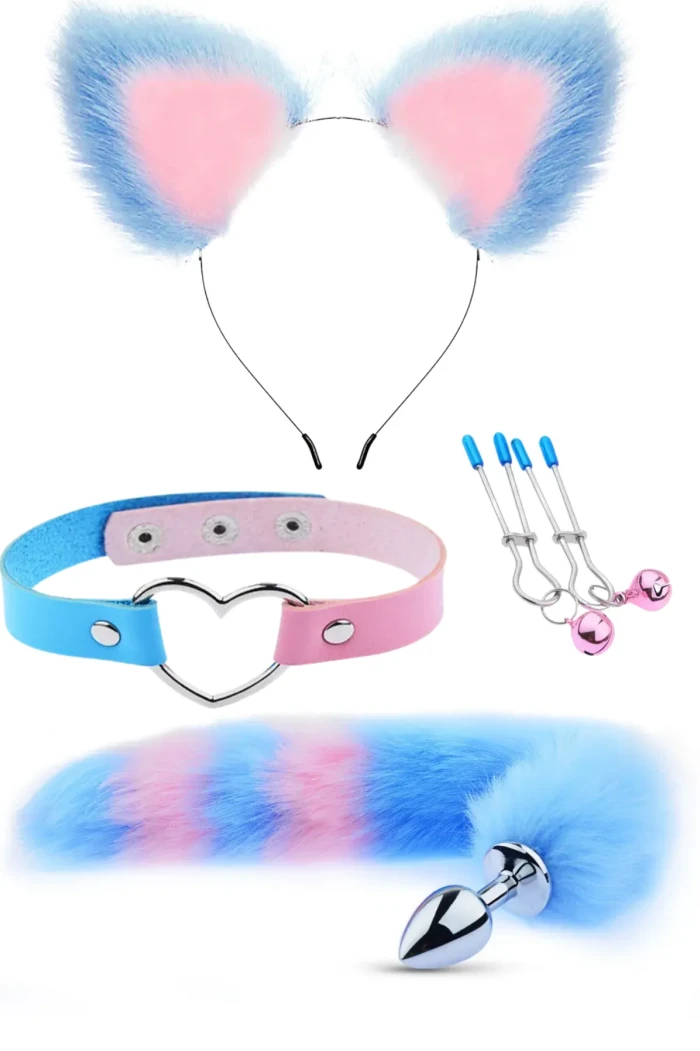 Kedi Kuyruklu Anal Plug Seti Pembe-Mavi – Choker, Klips ve Tüylü Kulak - tdmarketim.com