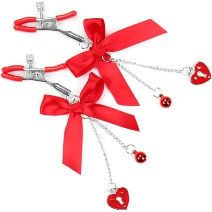 Kırmızı Kurdeleli Kalp Charm Meme Ucu Klipsi – Göğüs Uyarıcı Nipple Clamps - tdmarketim.com