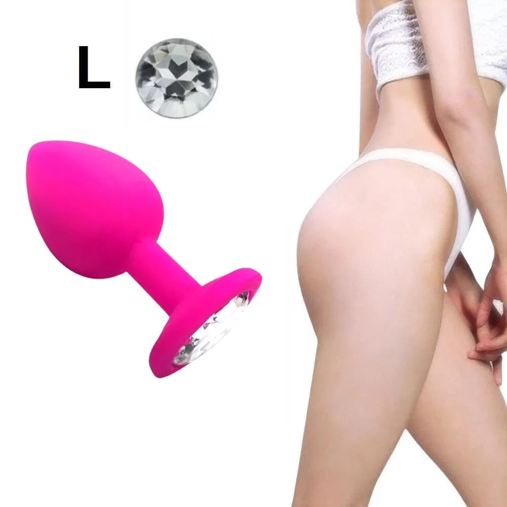Parlak Beyaz Mücevher Taşlı Silikon Pembe Anal Plug - Büyük - tdmarketim.com